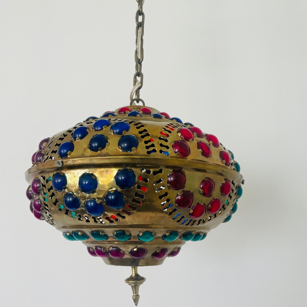 Vintage Moroccan Brass Hanging Lamp with Colorful Beads | Boho Pendant Light